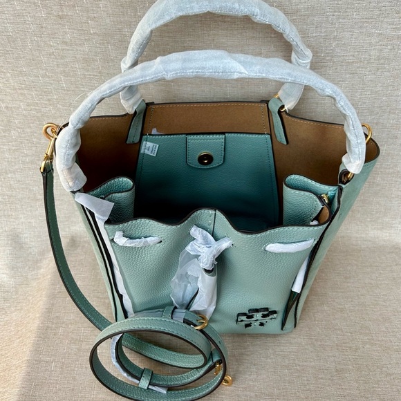NWT Tory Burch McGraw Drawstring Bag – Blue Celadon Leather & Suede - Picture 8 of 14